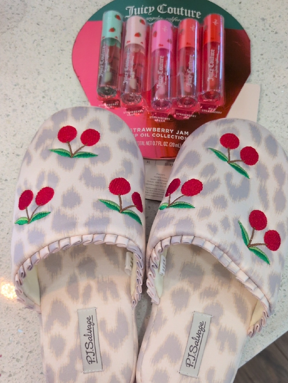 P.J. SalvageSlide Slippers with Red Cherry Embroidery Plus Juicy Couture Lip Oil